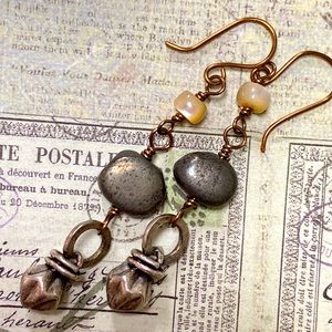 Genuine pyrite warm neutral tone long earrings creamy shell bead accents